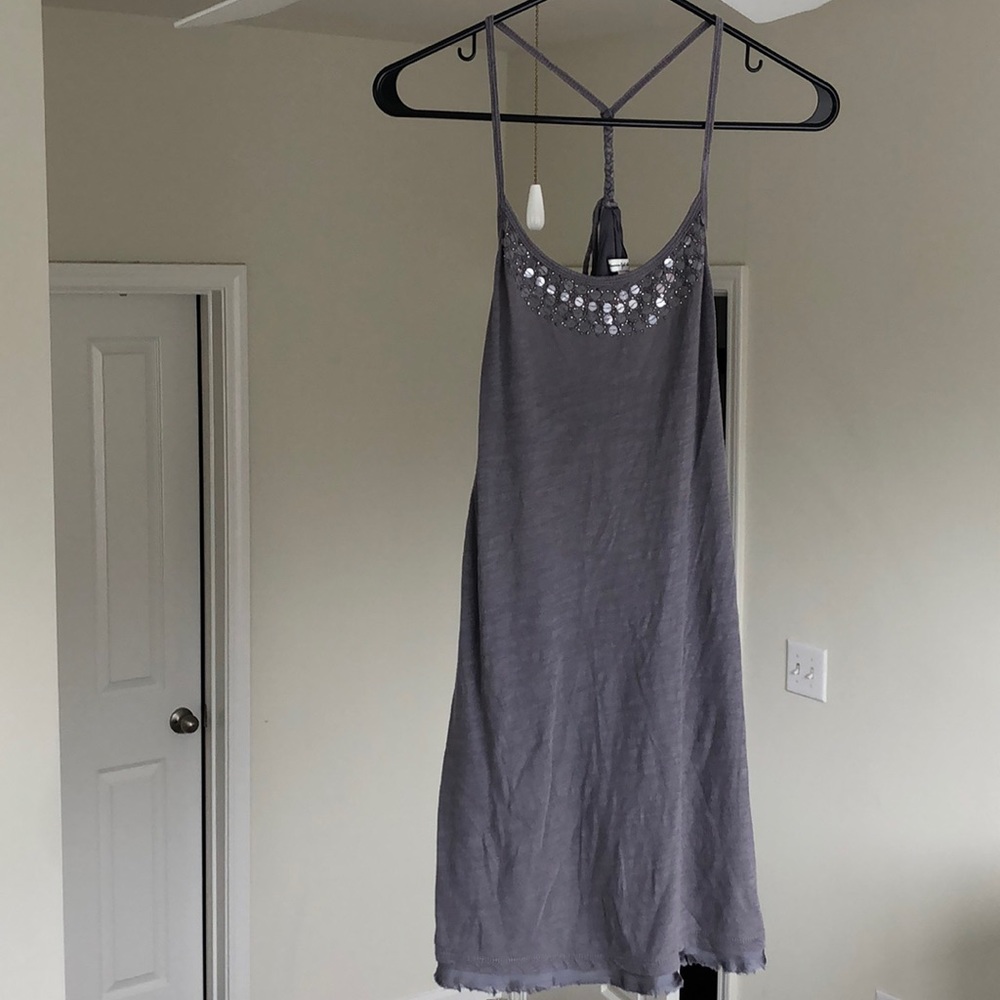 Gray Cotton Halter Dress with Neckline Beading